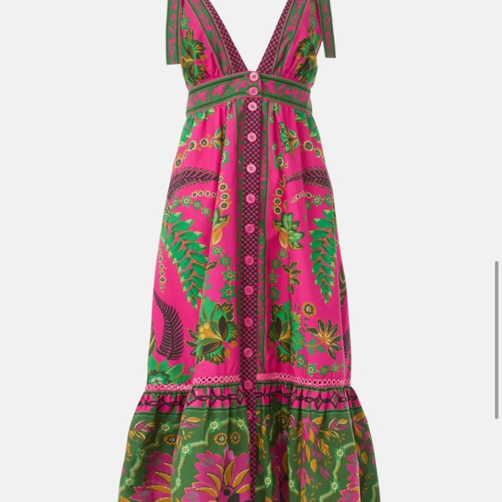 FARM Rio Pink and Green Tiered Ruffled Maxi Dress